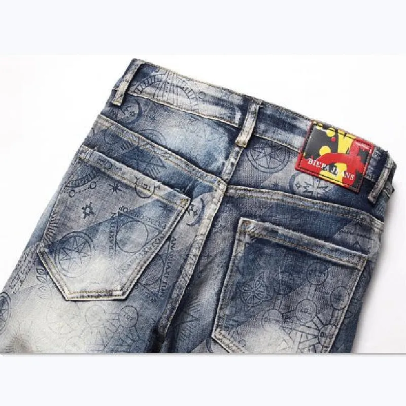 Punk Style Printed Mid-waist Slim Fit Denim Skinny Jeans Pants for Men