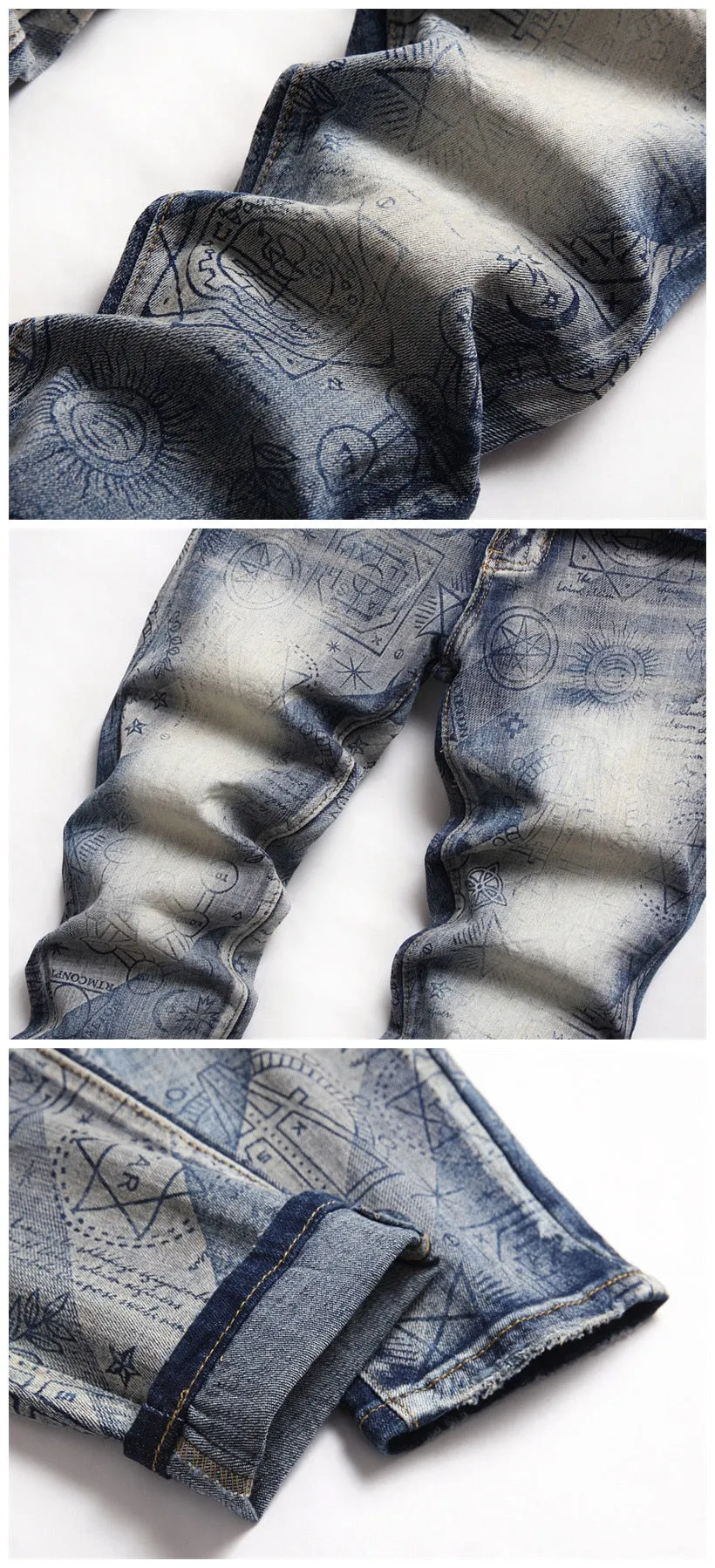 Punk Style Printed Mid-waist Slim Fit Denim Skinny Jeans Pants for Men