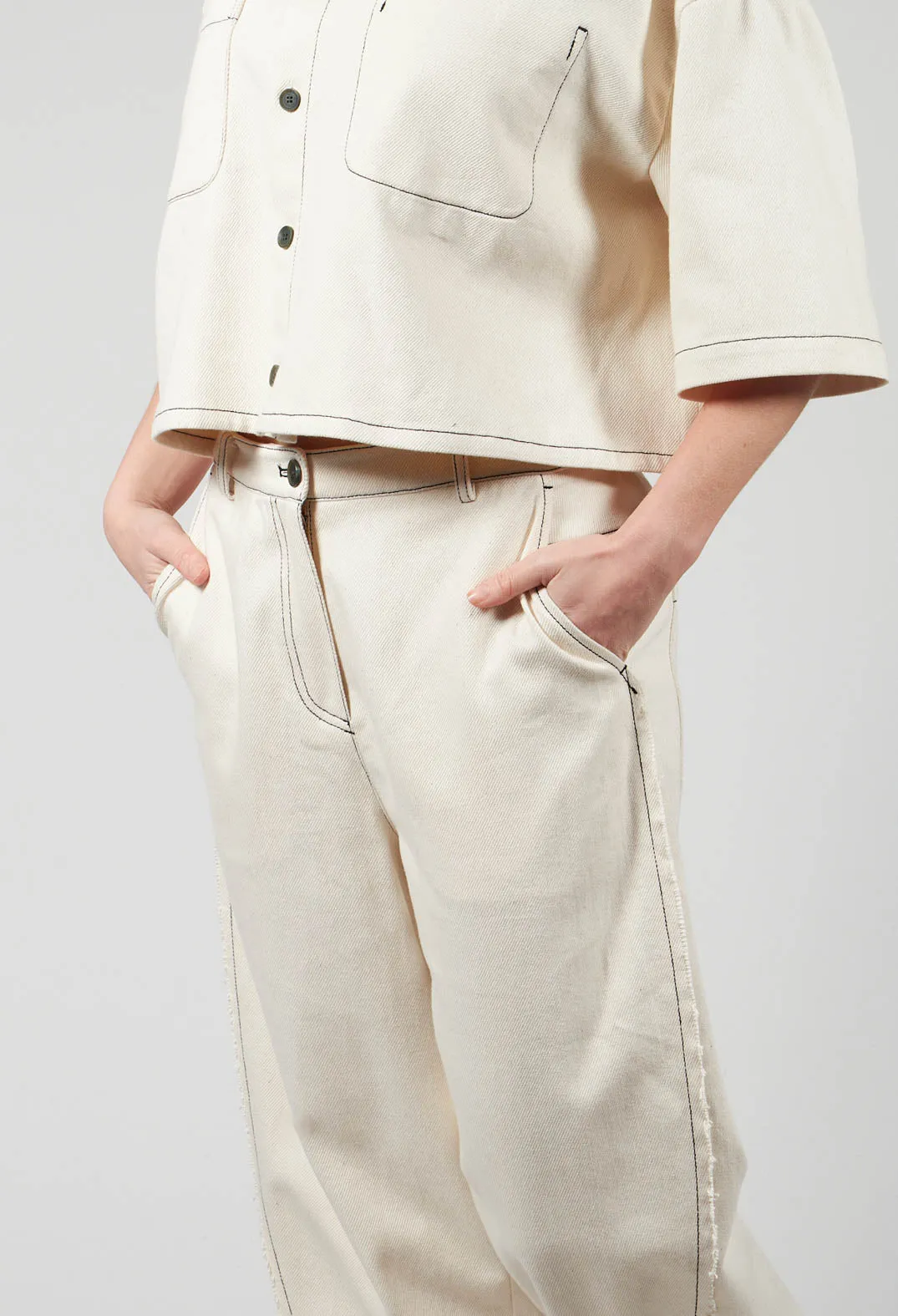 Raw Hemmed Jean Trousers in Off White