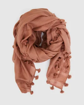 Silk & Cotton Pom Pom Scarf - Cedar Wood