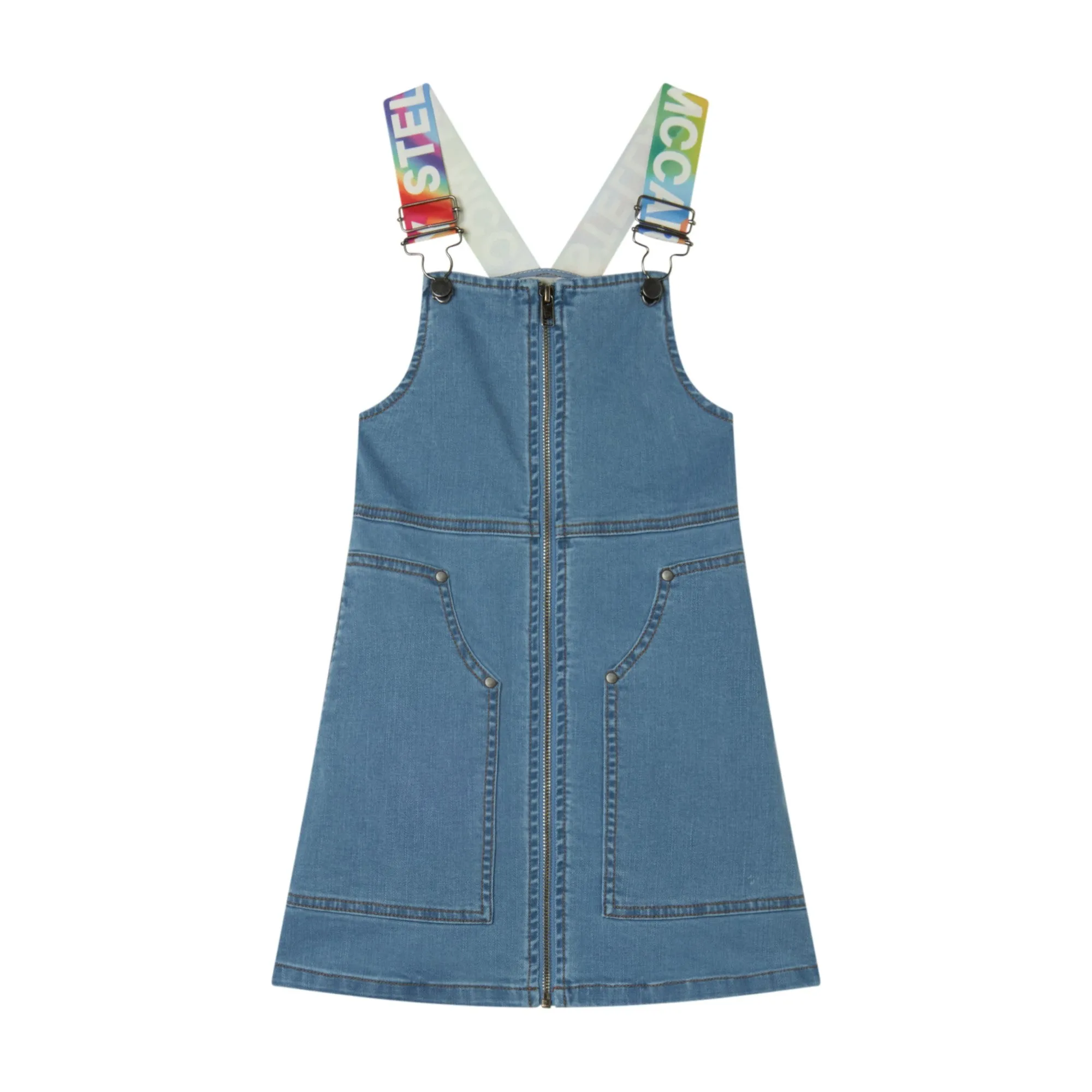 Stella McCartney Girl's Denim Dungaree w/ Rainbow Logo Tape