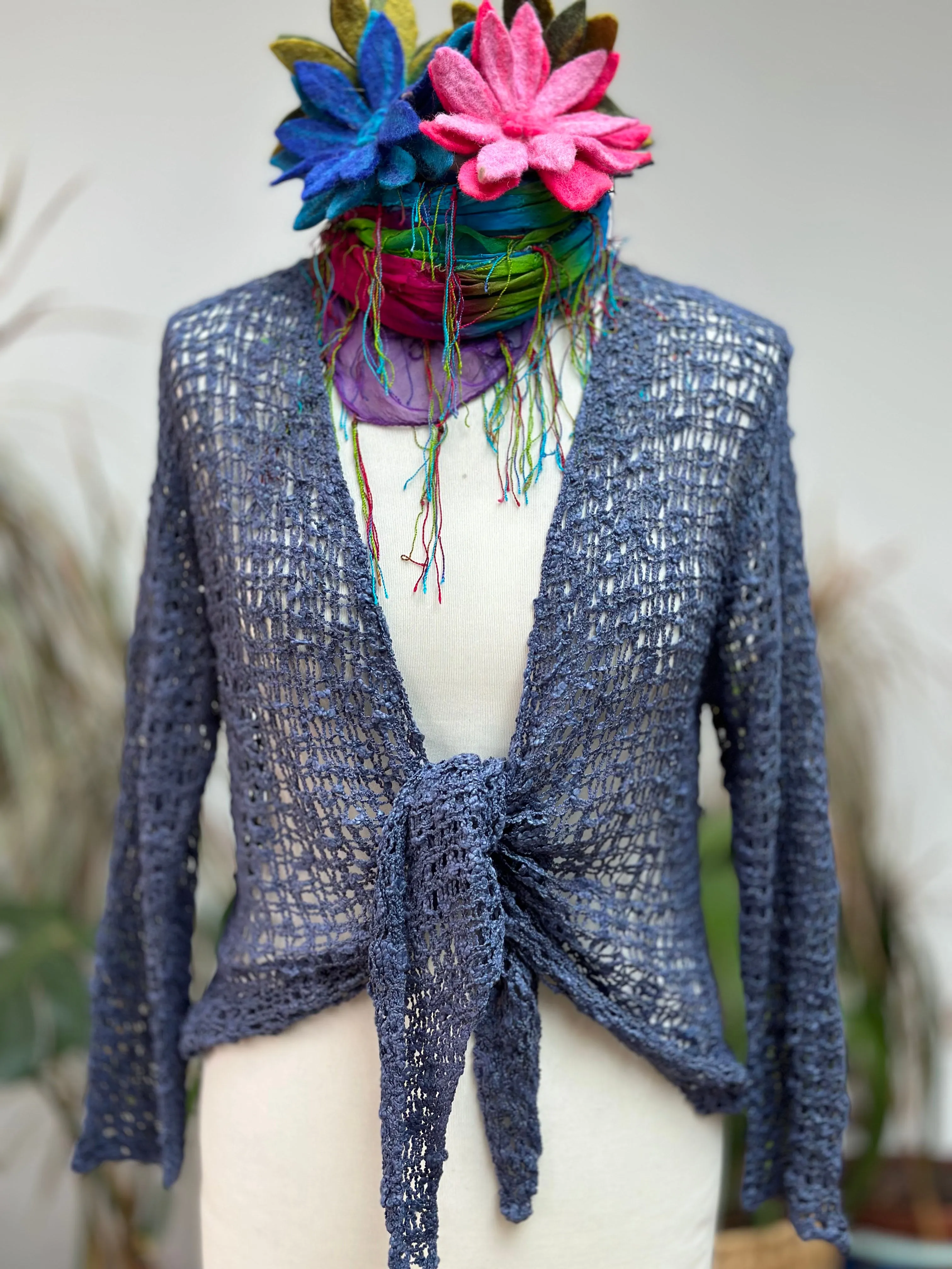 STUNNING LOOSE WEAVE PETROL BLUE SHRUG / CARDIGAN