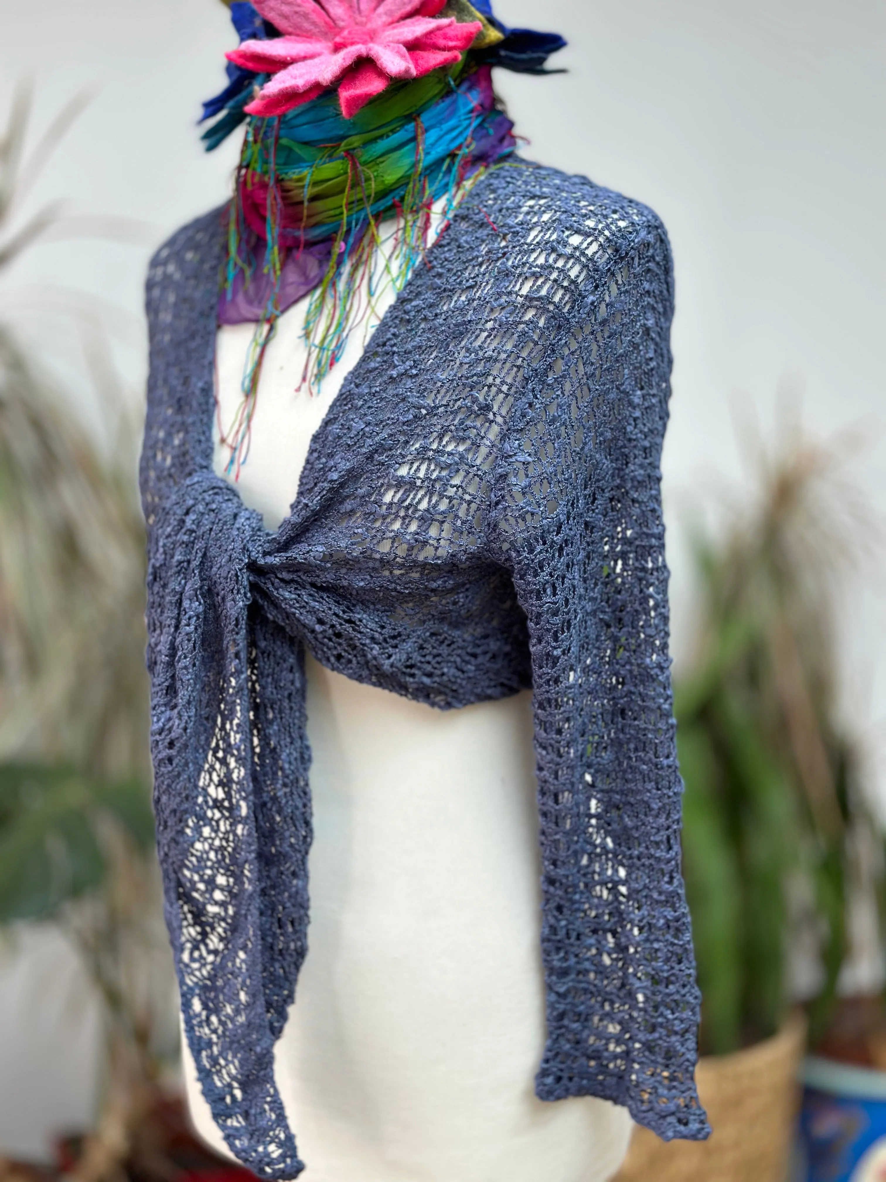 STUNNING LOOSE WEAVE PETROL BLUE SHRUG / CARDIGAN