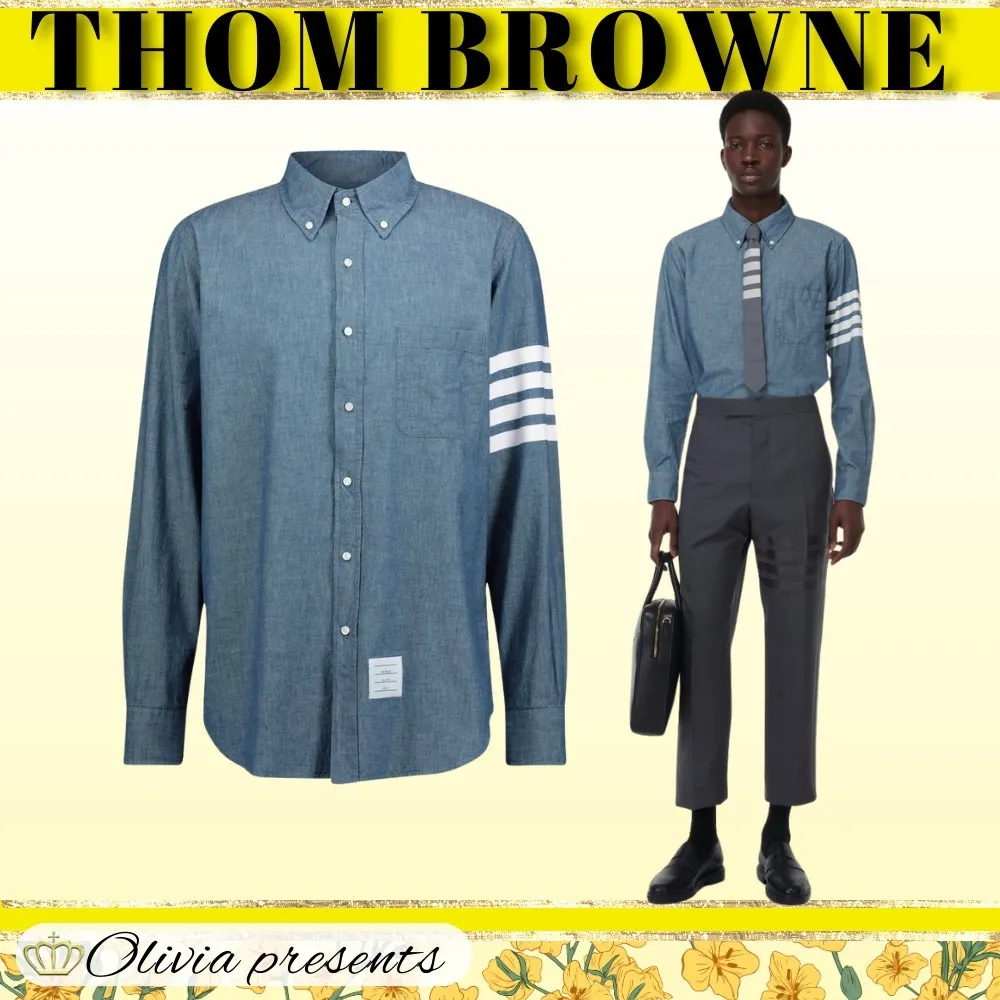 THOM BROWNE  |Stripes Long Sleeves Plain Cotton Logo Designers Shirts