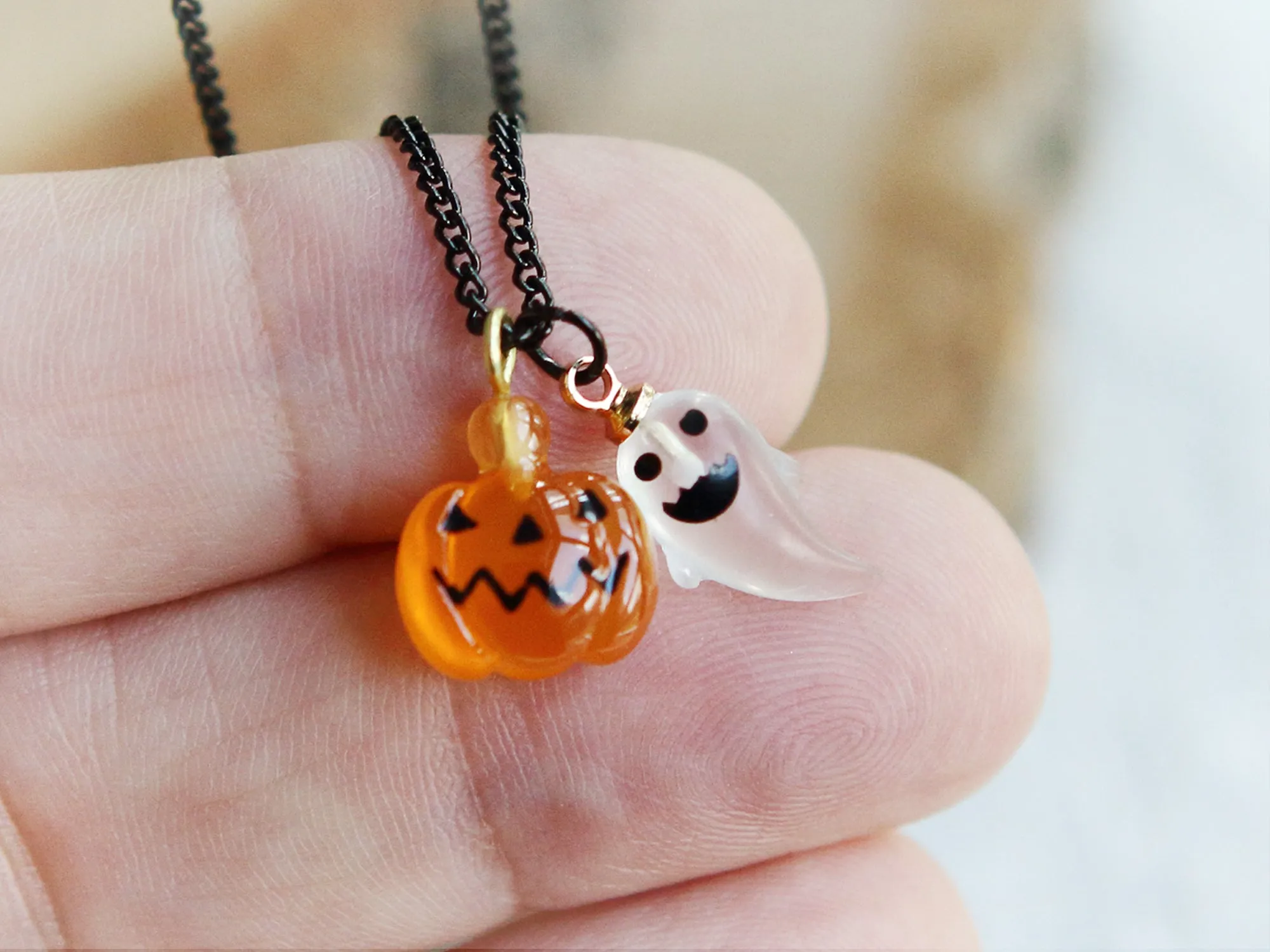 Tiny Jack O Lantern and Ghost Necklace