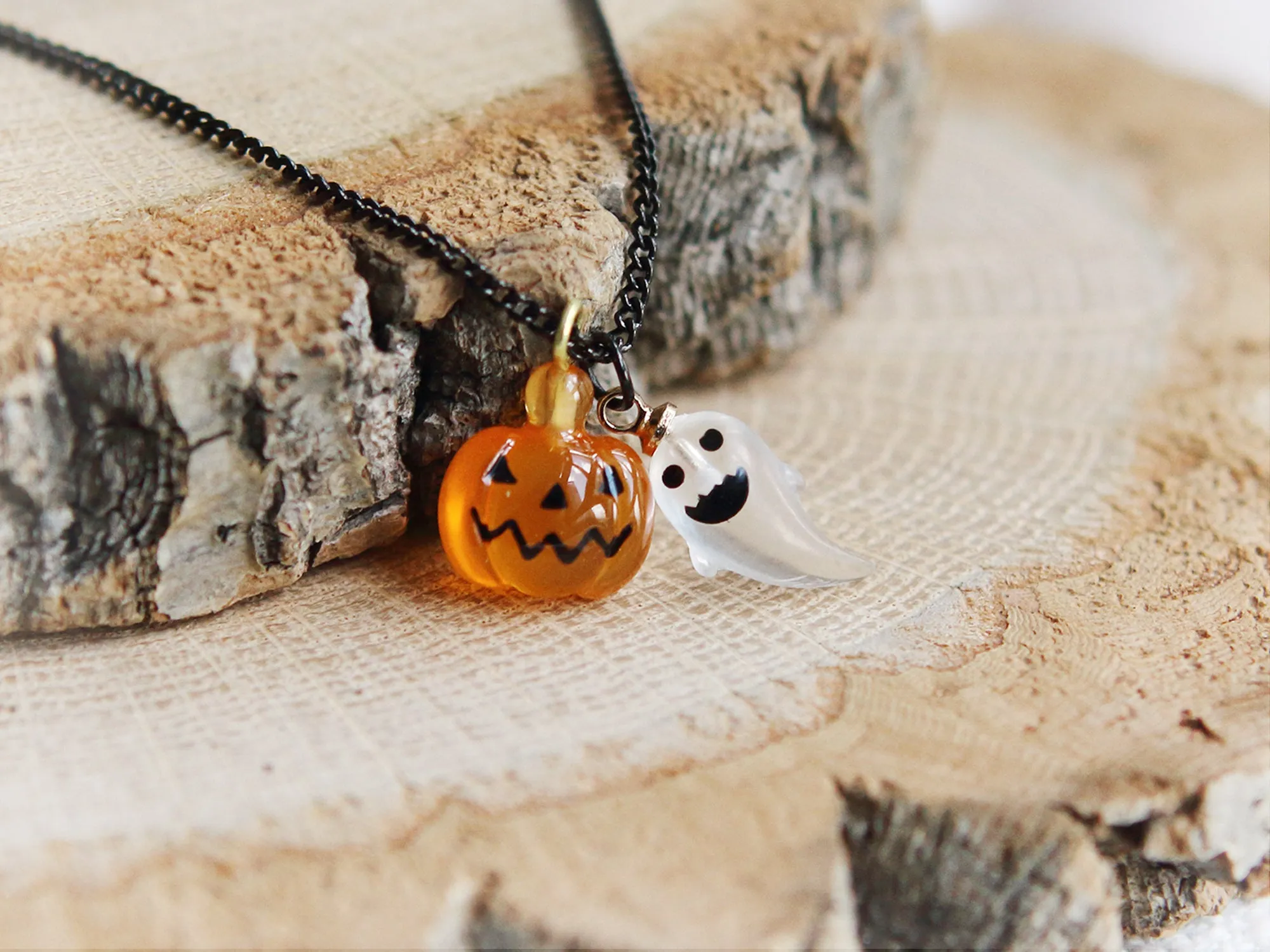 Tiny Jack O Lantern and Ghost Necklace