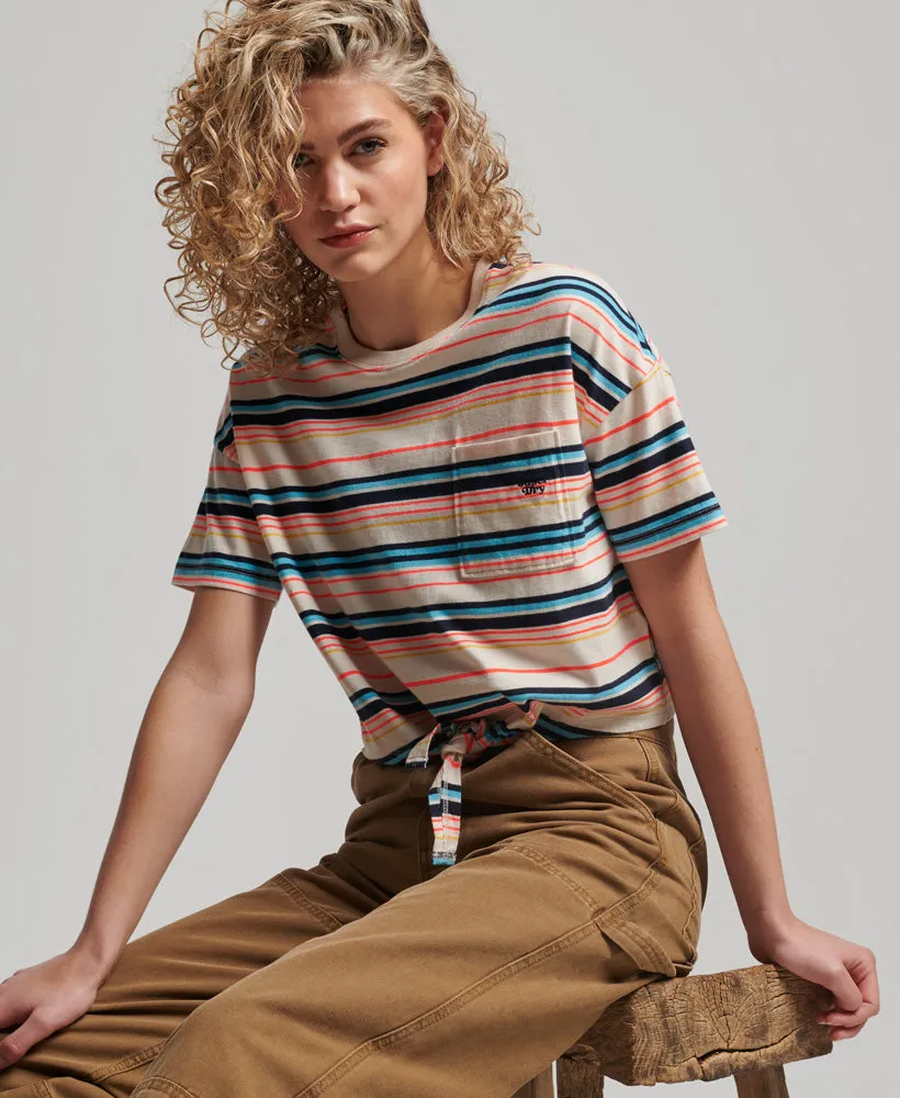 Vintage Boxy Tie Front T Shirt | Oatmeal Stripe