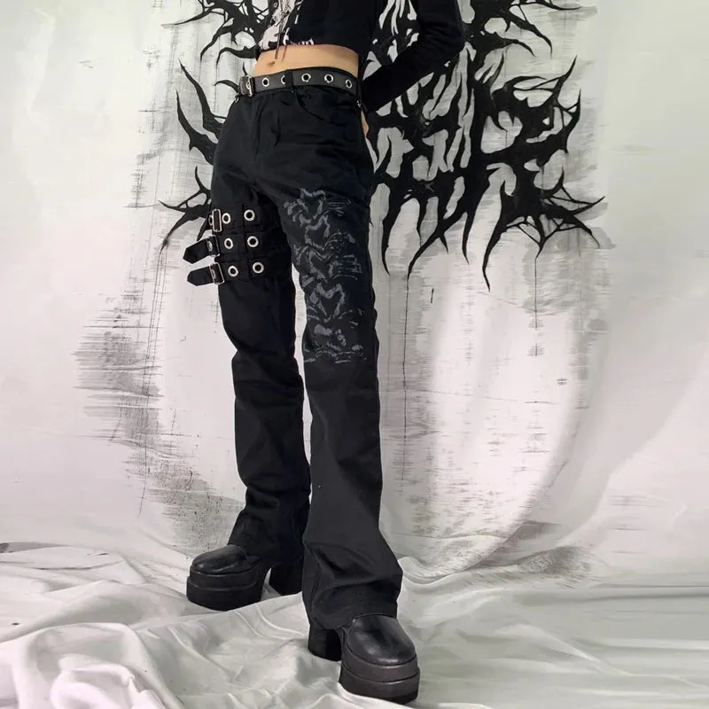 Vintage Grunge Gothic Bandage Cargo Pants with Buckle Detailing - Punk Style Sweatpants