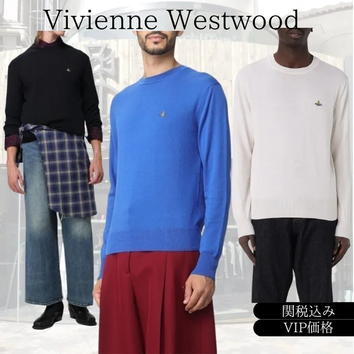 Vivienne Westwood  |Logo Crew Neck Cashmere Long Sleeves Plain Cotton Sweaters