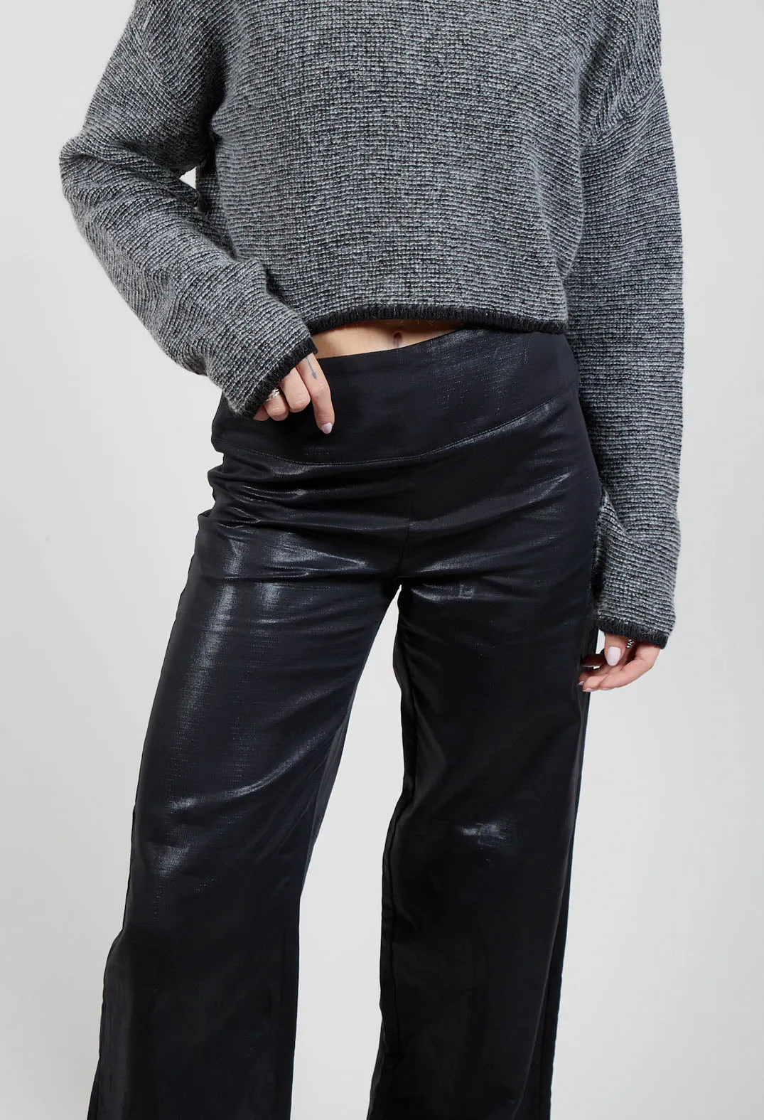 Wet Look Wide Leg Trousers in Black