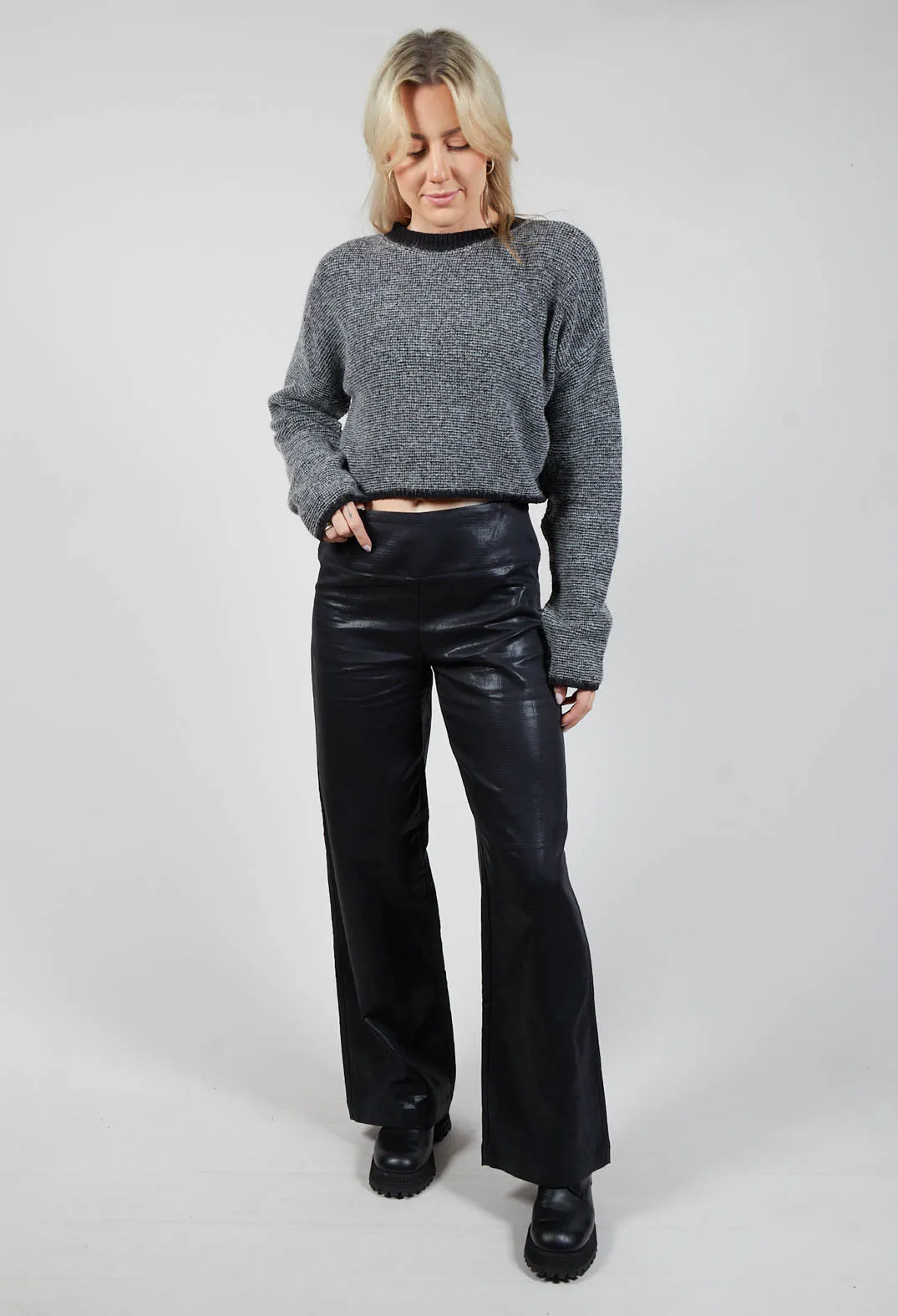 Wet Look Wide Leg Trousers in Black