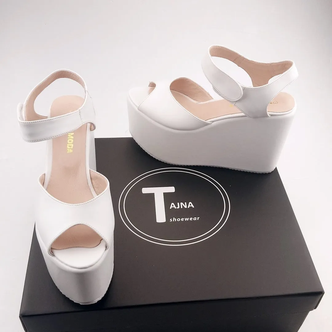 White Ankle Strap Peep Toe Wedge Platform Sandals