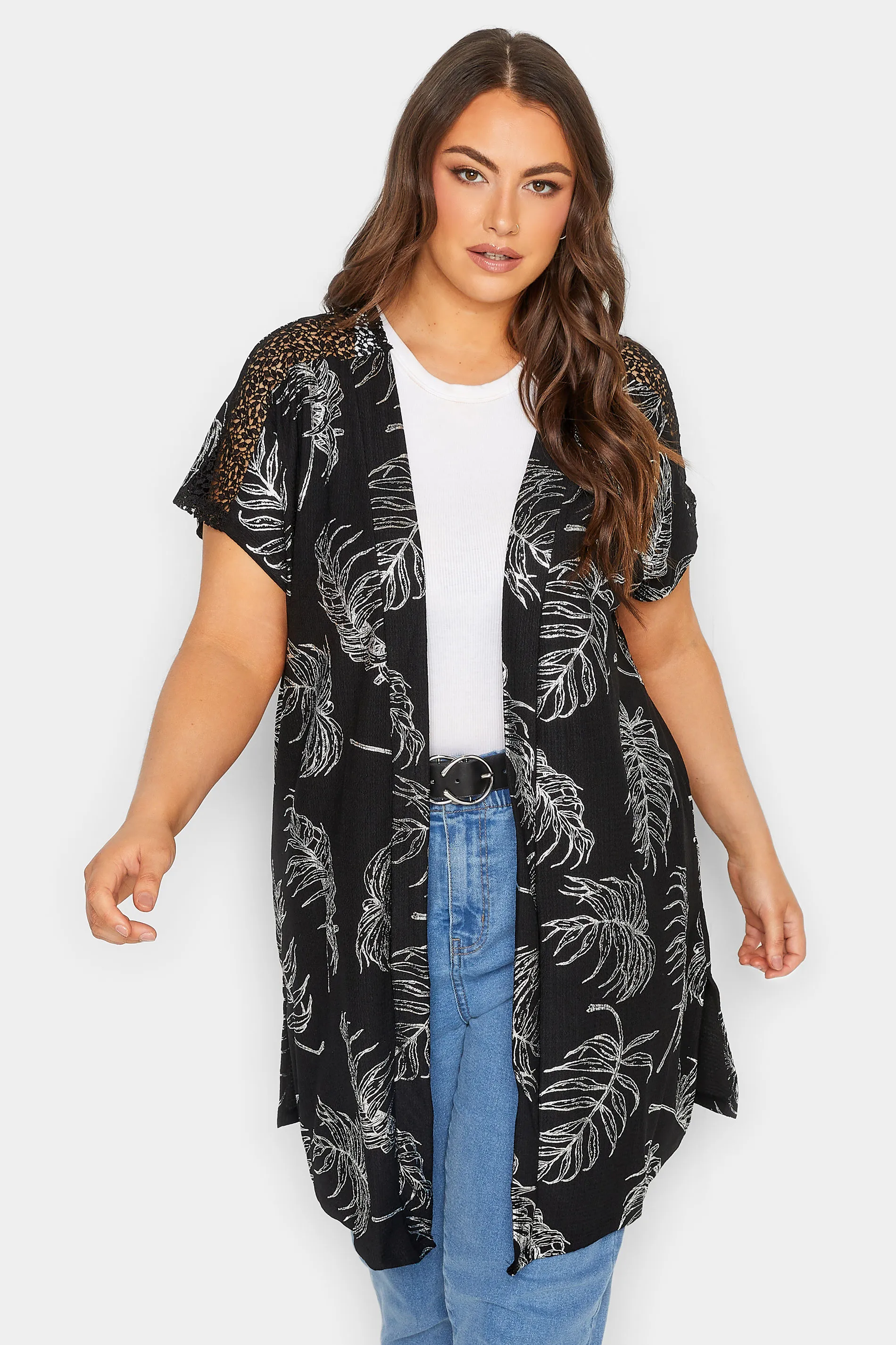 YOURS Curve Black Foil Leaf Print Cardigan