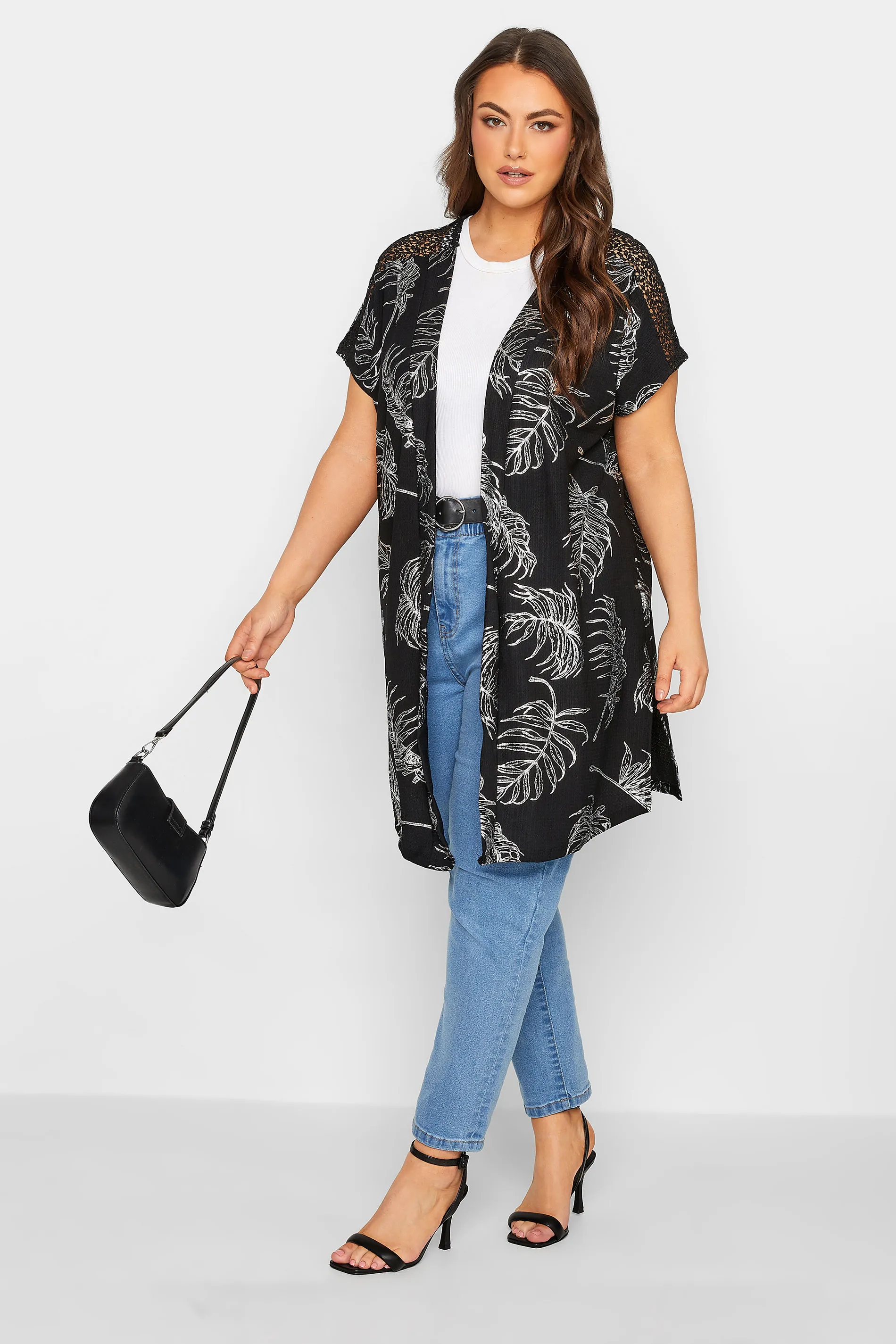 YOURS Curve Black Foil Leaf Print Cardigan