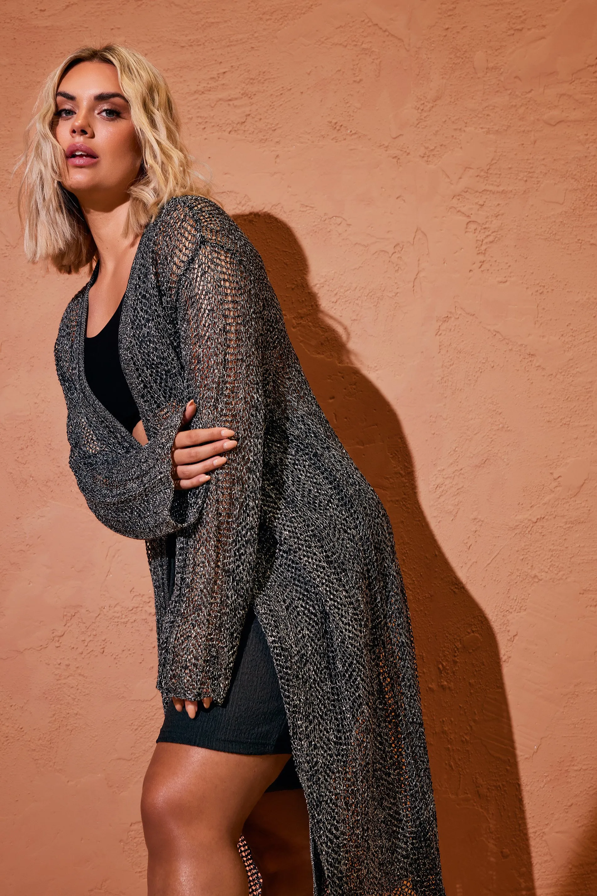 YOURS Curve Black Metallic Crochet Midi Cardigan