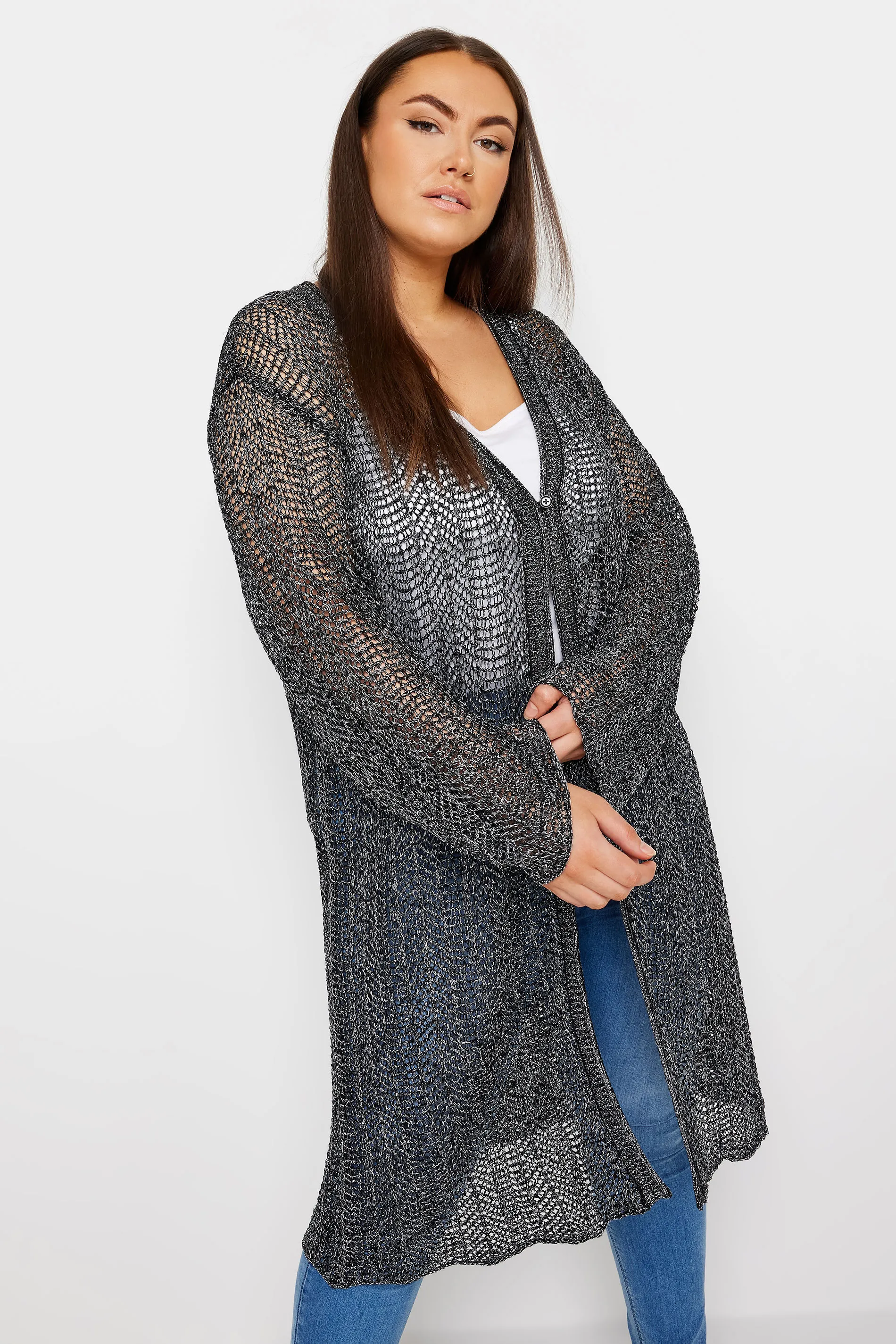 YOURS Curve Black Metallic Crochet Midi Cardigan