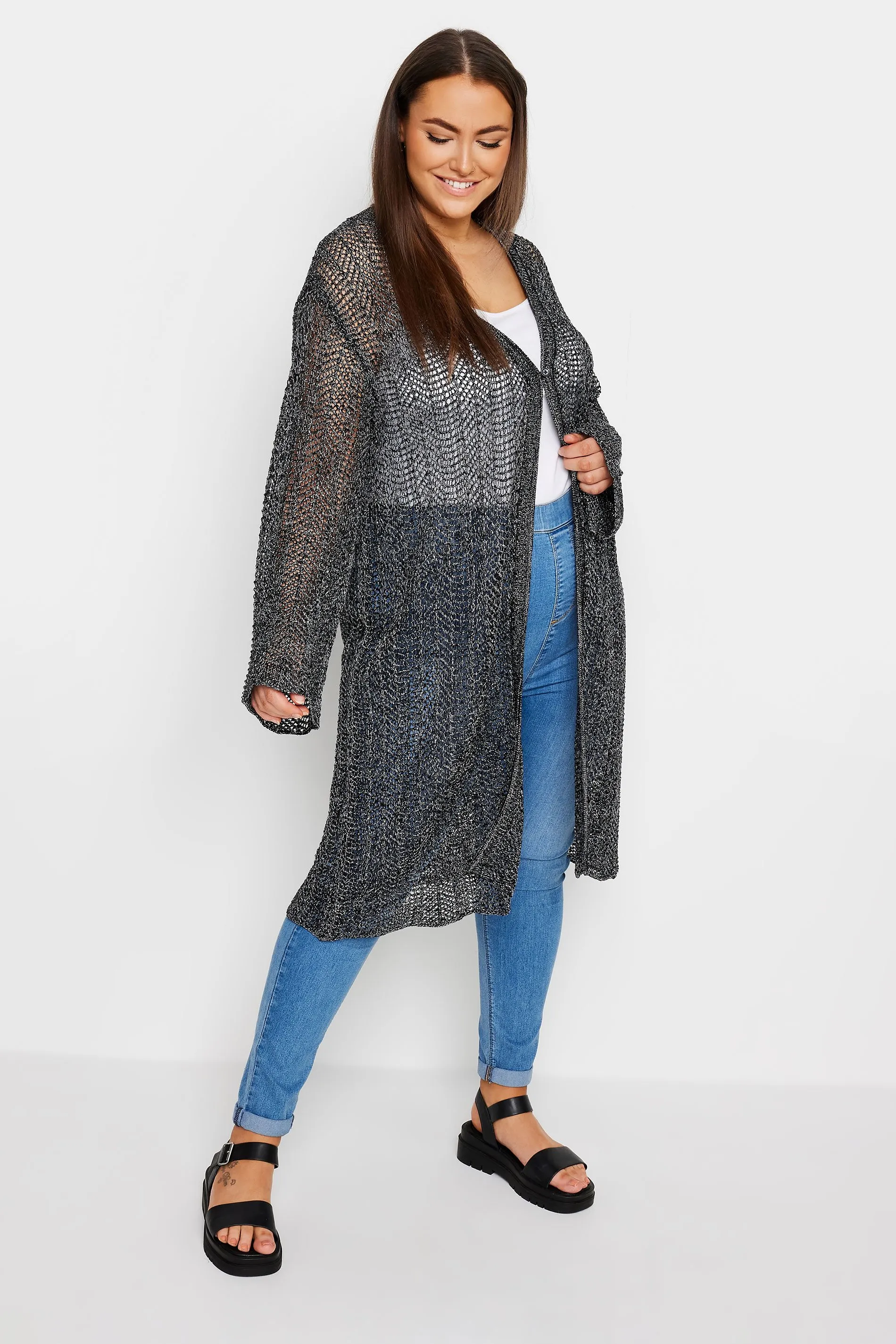 YOURS Curve Black Metallic Crochet Midi Cardigan