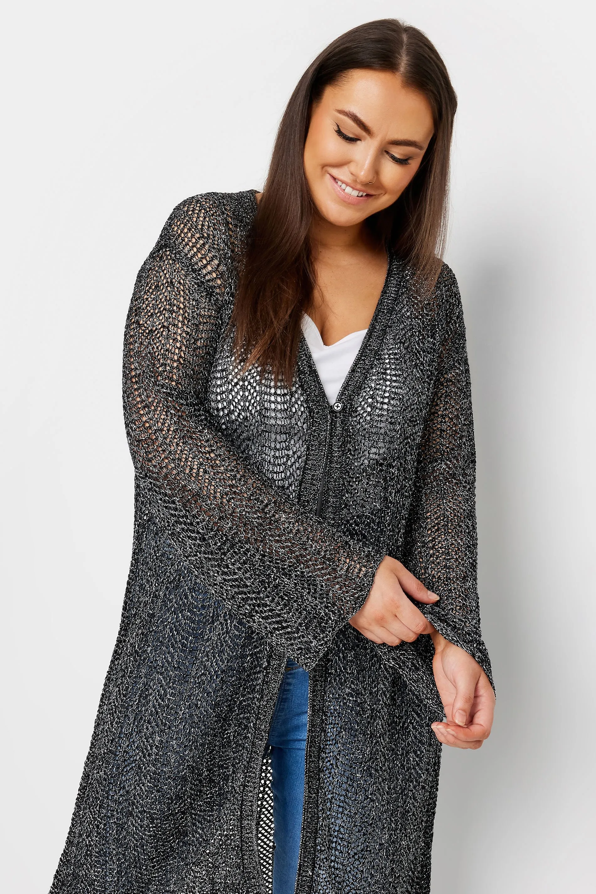 YOURS Curve Black Metallic Crochet Midi Cardigan